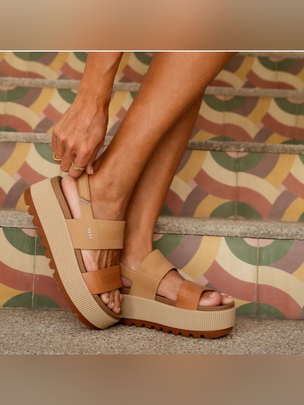 Reef Two-Tone Tan & Cognac Slide Sandals - Picture 3 of 8